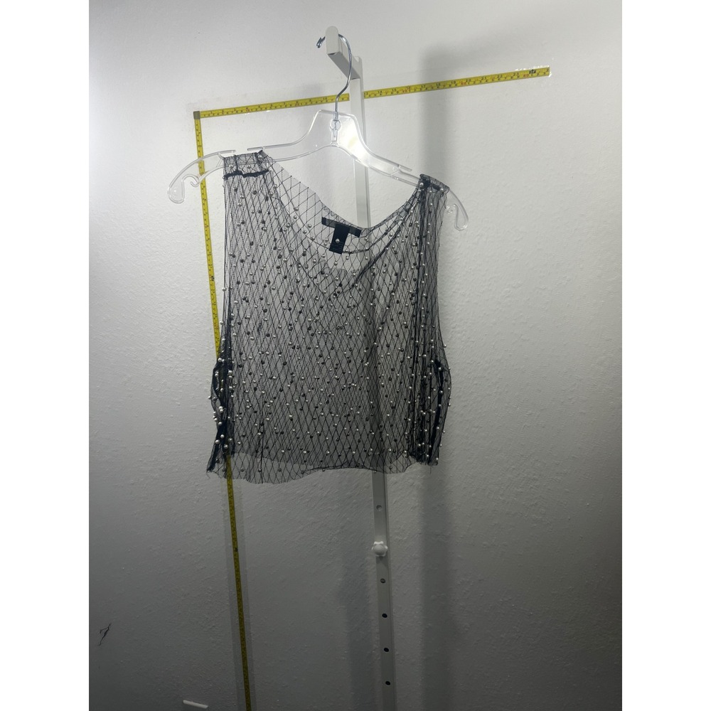 Forever 21 Black Fishnet Mesh Faux Pearl Embellished Crop Tank Top Large